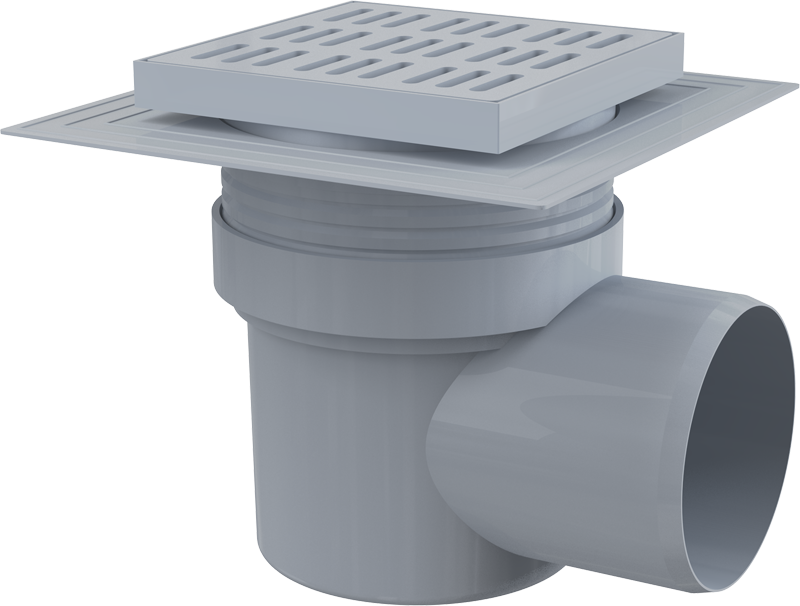 APV10 - Floor drain 150×150/110 mm side outlet, grey grid, collar-2nd level insulation, wet odour trap