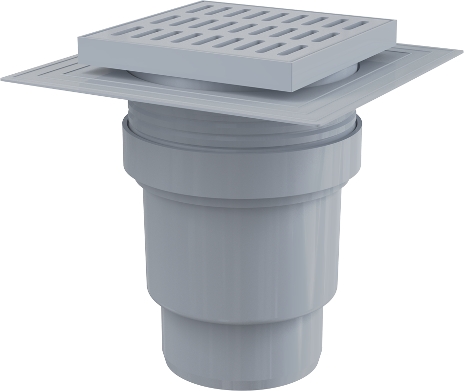 APV11 - Floor drain 150×150/110 mm straight outlet, grey grid, collar-2nd level insulation, wet odour trap