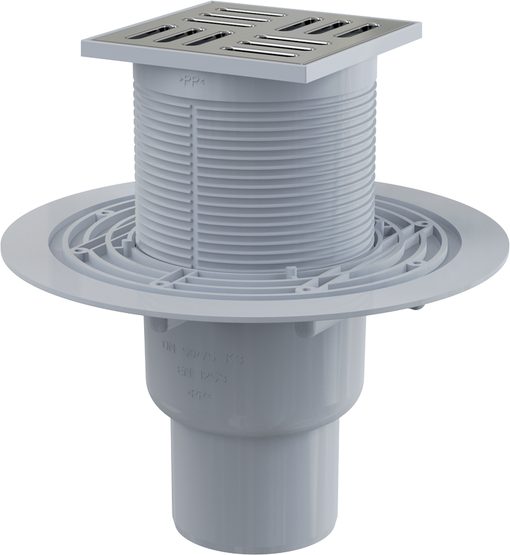 APV201 - Floor drain 105×105/50/75 mm straight outlet, stainless steel grid, wet odour trap
